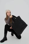 Siyah Kabartmalı Pamuklu Kumaş Shopper Çanta -Okul Omuz Çantası