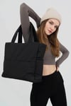 Siyah Kabartmalı Pamuklu Kumaş Shopper Çanta -Okul Omuz Çantası