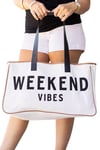 Woys Weekand Vibes Baskılı Kanvas Kumaş Kadın Plaj Çantası  Makyaj Çantası Hediyeli