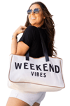 Woys Weekand Vibes Baskılı Kanvas Kumaş Kadın Plaj Çantası  Makyaj Çantası Hediyeli