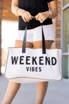 Woys Weekand Vibes Baskılı Kanvas Kumaş Kadın Plaj Çantası  Makyaj Çantası Hediyeli