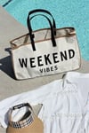 Woys Weekand Vibes Baskılı Kanvas Kumaş Kadın Plaj Çantası  Makyaj Çantası Hediyeli