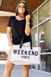 Woys Weekand Vibes Baskılı Kanvas Kumaş Kadın Plaj Çantası  Makyaj Çantası Hediyeli