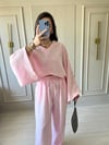 Geniş Kollu Keten Takım Pembe -1031