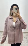 Keten Oversize Gömlek Bordo Çizgili