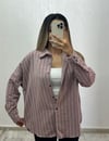 Keten Oversize Gömlek Bordo Çizgili