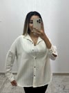 Keten Oversize Gömlek Krem Çizgili