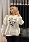 Taşlı Marka Sweatshirt Beyaz