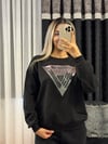 Taşlı Marka Sweatshirt Siyah