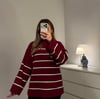 Oversize Çizgili Yarım Balıkçı Yaka Kazak Bordo