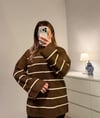 Oversize Çizgili Yarım Balıkçı Yaka Kazak Kahverengi