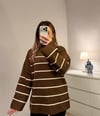 Oversize Çizgili Yarım Balıkçı Yaka Kazak Kahverengi