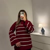 Oversize Çizgili Yarım Balıkçı Yaka Kazak Bordo