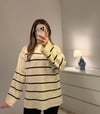 Oversize Çizgili Yarım Balıkçı Yaka Kazak Ekru
