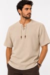 Oversize Erkek Tişört – İpli kısa kol Yakasız %100 Pamuk-BejOversize Erkek Gömlek – İpli Yakasız %100 Pamuk GOMLEKİP-01OVERSİZE GÖMLEK İPLİSUFFA