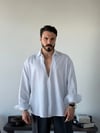 Lorien Oversize Çizgili Beyaz Keten Gömlek