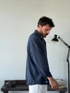 Lorien Oversize Çizgili Viscon Keten Lacivert Gömlek