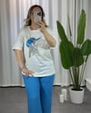 Beyaz Turkuaz Baskılı T-Shirt