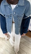 Çift Renkli Taşlı Tasarım Denim Ceket