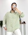 Bej Yeşil Çizgili Oversize Pamuk Gömlek G0030