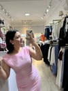 Drape Detaylı Vatkalı Şeker Pembe Midi Elbise