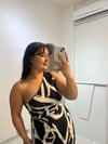 Lilya Siyah/Beyaz Desenli Bel Dekolteli Tek Omuz Elbise