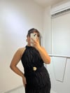 Siyah Gold Tokalı Desenli Midi Boy Elbise