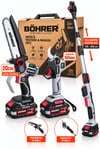 BÖHRER 21V 3.0Ah Çift Akülü Budama Seti – 50 mm Akülü Dal Budama Makası + 20 cm Mini Zincirli Testere + 120-200 cm Teleskopik Uzatma Kolu + Taşıma Çantası