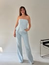 Buz Mavi Straplez Taşlı Denim Takım