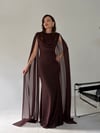 Kahve Bel Volanlı Uzun Pelerin Elbise ELBİSE - Taksim Butik