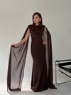 Kahve Bel Volanlı Uzun Pelerin Elbise ELBİSE - Taksim Butik