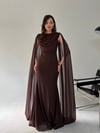 Kahve Bel Volanlı Uzun Pelerin Elbise ELBİSE - Taksim Butik