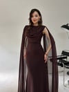 Kahve Bel Volanlı Uzun Pelerin Elbise ELBİSE - Taksim Butik