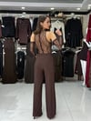 Kahve Degaje Yaka Kollu Dantel Tulum