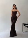 Kahve Saten Bel Detaylı Straplez Abiye Elbise ELBİSE - Taksim Butik