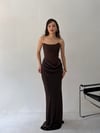 Kahve Saten Bel Detaylı Straplez Abiye Elbise ELBİSE - Taksim Butik