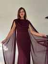 Mürdüm Bel Volanlı Uzun Pelerin Elbise ELBİSE - Taksim Butik