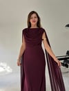 Mürdüm Bel Volanlı Uzun Pelerin Elbise ELBİSE - Taksim Butik