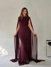 Mürdüm Bel Volanlı Uzun Pelerin Elbise ELBİSE - Taksim Butik