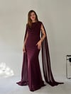 Mürdüm Bel Volanlı Uzun Pelerin Elbise ELBİSE - Taksim Butik