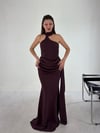Mürdüm  Drapeli Halter Yaka Yandan Şallı Abiye Elbise ELBİSE - Taksim Butik