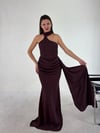 Mürdüm  Drapeli Halter Yaka Yandan Şallı Abiye Elbise ELBİSE - Taksim Butik
