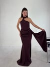 Mürdüm  Drapeli Halter Yaka Yandan Şallı Abiye Elbise ELBİSE - Taksim Butik