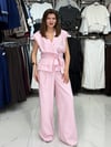 Pembe Bel Kuşaklı Yelek Pantolon Takım
