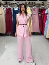 Pembe Hasır Kemerli Keten Yelek
