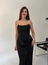 Siyah Saten Bel Detaylı Straplez Abiye Elbise ELBİSE - Taksim Butik