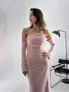 Toz Pembe Kol Detaylı Straplez Abiye