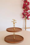 2 Katlı 21/25 Cm Gold Çiçekli Ahşap Kek Sunum Standı, Servis Sunum Tabağı, İkramlık