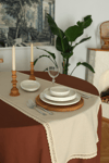 Elora Duck Keten Yıkanabilir Leke Tutmaz Cappuccino Kopenaki Dantel Detaylı Runner 40x140 Cm