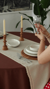 Elora Duck Keten Yıkanabilir Leke Tutmaz Cappuccino Kopenaki Dantel Detaylı Runner 40x140 Cm